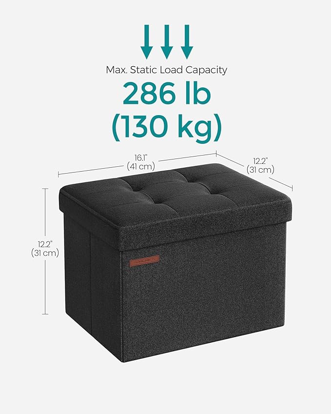 SONGMICS MAZIE Collection - Small Folding Storage Ottoman, Foot Rest Stool, 12.2 x 16.1 x 12.2 Inches, 286 lb Load Capacity, for Living Room, Bedroom, Home Office, Dorm, Ink Black ULSF102B01