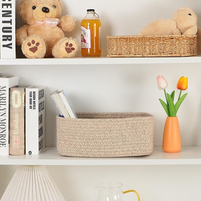 Small Storage Baskets for Organizing | Closet Organizer Bins | Shelf Toy Basket | Woven Rope Baskets | Cube Decorative Box | Shallow Basket | L11.5xW7.5xH4.7| Brown