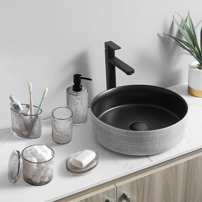 Modern Luxe Bathroom Accessories Set 6 Pcs Resin Bathroom Accessory Set Soap Dispenser Toothbrush Holder Tumbler Soap Dish Tray Trash Can Easy to Clean Crackle Pattern Translucent Black