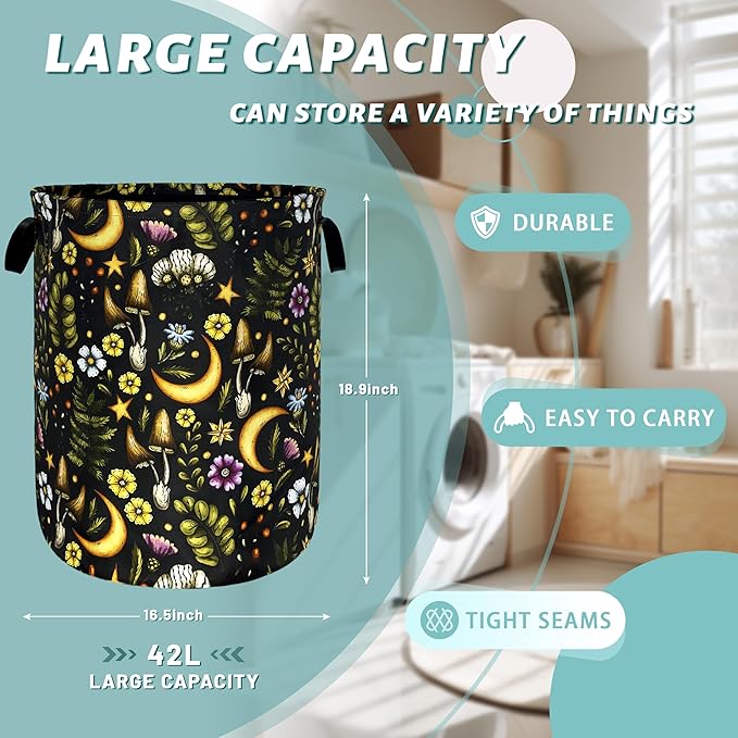 Cute Mushroom Laundry Basket Foldable Retro Moon Mushrooms Laundry Hamper Oxford Cloth Colorful Tote Bag Clothes Toy Storage Bucket For Bathroom/Laundry Storage/Bedroom 18.9 x 16.5 Inch