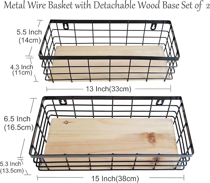Metal Wire Basket Detachable Wood Base Storage Organizer Farmhouse Hanging Basket for Kitchen Cabinets, Bathroom, Pantry, Laundry Room Set of 2,Black Color