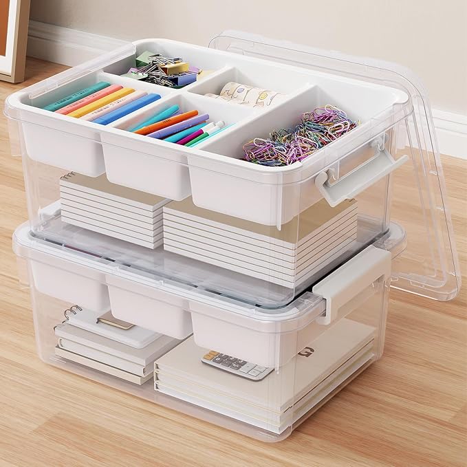 HOMETUK 40Qt Stackable Storage Bins with Lids & Trays, Clear Plastic Latching Boxes Organizers with Dividers Portable 10Gal Containers for Arts & Crafts, Home and Car Trunk Organization, 2Pack