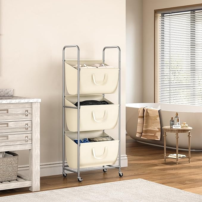 ELYKEN 120L Vertical Rolling Laundry Hamper with Removable Bags, 3 Section Laundry Baskets with Wheels, Space-Saving 3 Tier Laundry Sorter for Small Spaces, Dorm, Bedroom, Bathroom, Laundry Room