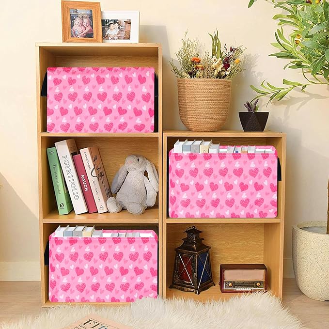 Girls Storage Basket Heart Print Storage Cube for Women, Closet Shelf Organizer Bins Empty Gift Basket with Handles Girls Nursery hamper Kids Toys Books Box Room Deco