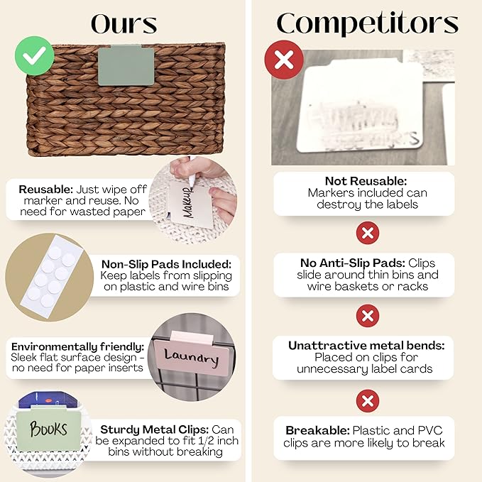 Hygge & Sage: Metal Non-Slip Basket Labels Clip On for Storage Bins, or Wire Racks | Includes 8 Labels, 8 Non-Slip Pads, and 2 Free Markers (Sage Green)