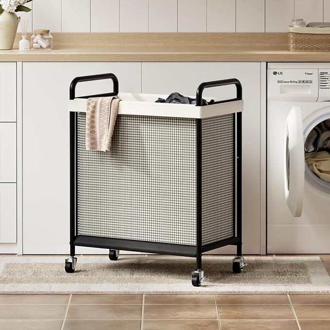 WOWLIVE Rolling Laundry Hamper with Wheels, 90L Laundry Basket with Removable Liner Bag, Laundry Sorter with Metal Handle, Large Capacity Clothes Hamper for Laundry Room, Bathroom and Dorm, Beige