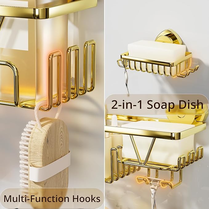 KEGII Suction Cup Shower Caddy – 3 Pack Suction Cup Shelf with Soap Holder & Hooks, Rustproof Stainless Steel Shower Organizer, Removable No Drilling Bathroom Storage Rack, Gold