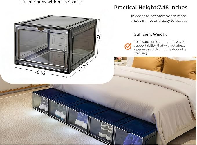 10 Pack Black Shoe Storage Boxes Stackable, Plastic Shoe Boxes with Lids, Sneaker Storage, Transparent, Thick Hard, Drop Front Door, Within US Size 13, Size: 13.54”x10.63”x7.49”