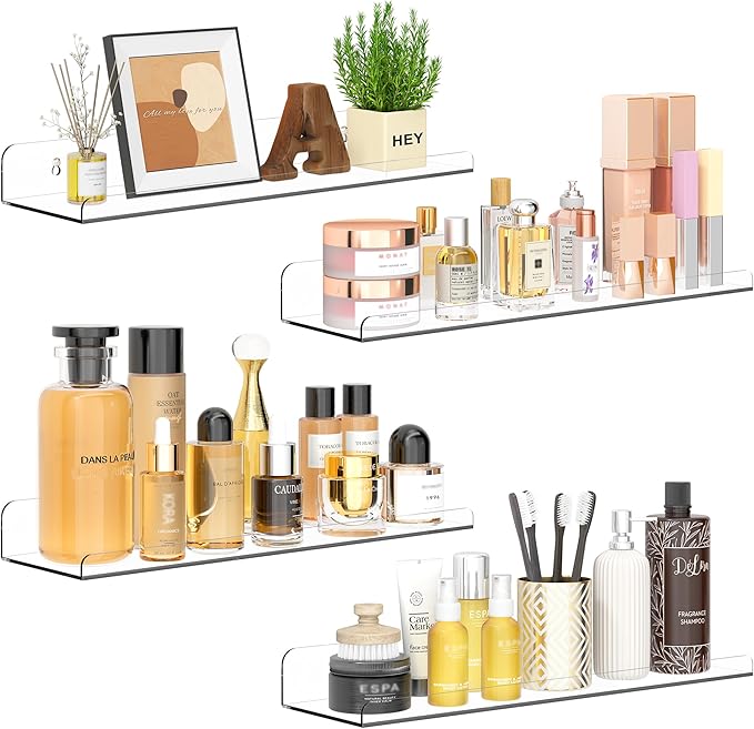 Floating Shelves for Wall Decor, 15" Extra Clear Wall Shelves for Bedroom, Living Room, Kitchen, Bathroom Decor, Nail Polish/Book/Decoration/Makeup/Perfume Organizer Floating Shelf-4Pack