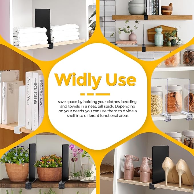 JOY DECOR 6 Pack Acrylic White Shelf Dividers for Closets Organizer and Storage Adjustable Vertical Wood Shelf Closet Separators for Clothes,Book,Bags in Bedroom and Kitchen