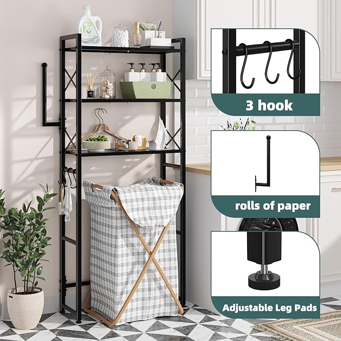 Simple Trending Over The Toilet Storage Rack with Toilet Paper Holder, Heavy Duty Metal 3 Tier Bathroom Organizer Shelf with 3 Hooks,Black