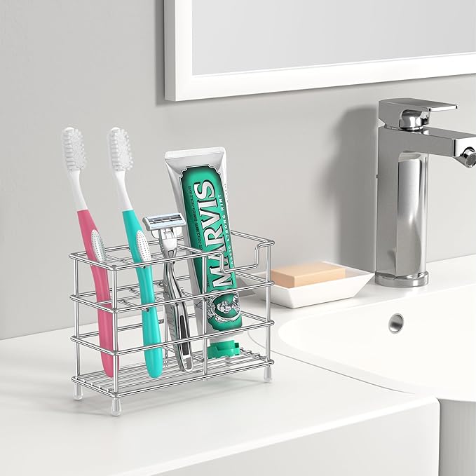 HBlife Medium Toothbrush Holder for Bathroom, 7 Slots Silver Stainless Steel Bathroom Accessories Organizer for Small Spaces