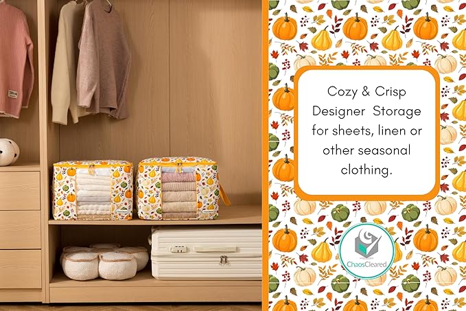 Chaos Cleared Canvas Storage Bags Designer Organizer 2 Pack – Seasonal Storage for Sweaters, Blankets, Linens & Garments – Foldable Design with Zip & Window, Moth-Proof Space Saver, Pumpkin Print