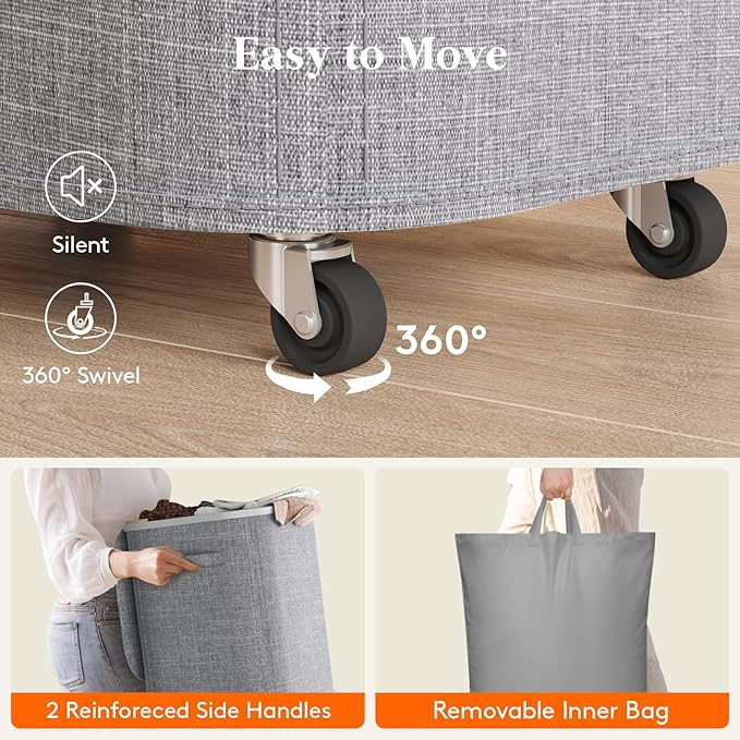 Lifewit 105L Plastic Laundry Basket with Lid, Large Clothes Hamper with Wheels and Removable Bag, Tall Collapsible Rolling Storage Bin for Dorm Bedroom Bathroom, Light Gray