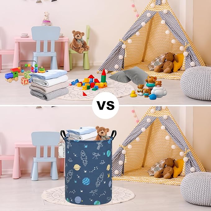 FANKANG Storage Basket, Nursery Hamper Canvas Laundry Basket Foldable with Waterproof PE Coating Large Storage Baskets for Kids Boys and Girls, Office, Bedroom, Clothes,Toys（Colorful Space ）