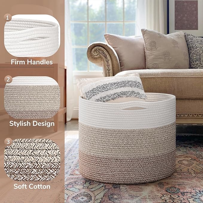 Goodpick Large Woven Basket, Blanket Basket Living Room 15.8"x15.8"x13.8", Woven Storage Bin for Baby Laundry, Light & Brown