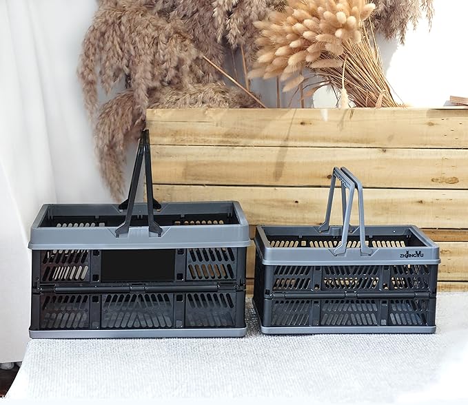 crates for storage,plastic baskets for organizing,collapsible shopping basket,foldable crate with Handles,collapsible storage crate,car basket,for Kitchen,Bathroom,Medicine (Black, S)