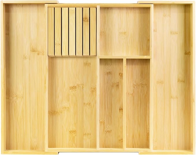 VaeFae Bamboo Kitchen Drawer Organizer, Utensil Tray with Multiple Compartments, Cutlery and Silverware Storage