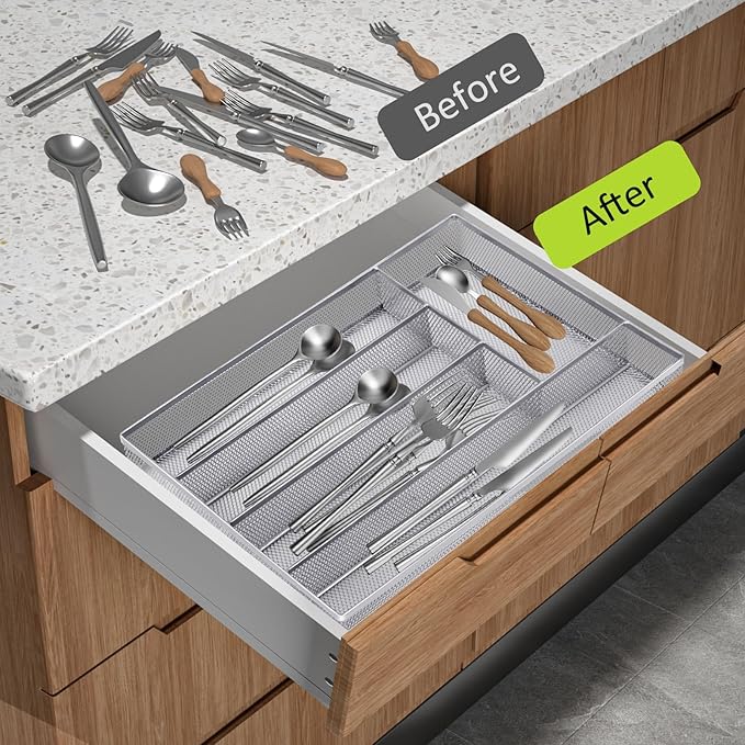Neudeco Silverware Drawer Organizer Holder, Cutlery Tray Silverware Flatware Storage Divider for Kitchen, Bedroom, Living Room,Mesh Wire with Non-slip foam Feet, 5 Compoment（ Silver）