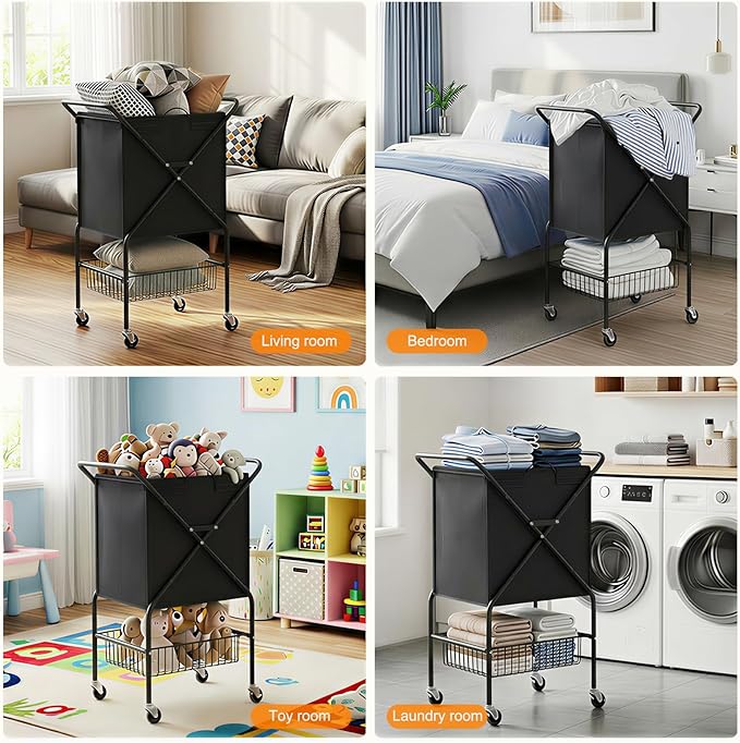 Laundry Basket with Wheels:88L Rolling Laundry Cart Foldable Metal Frame Dirty Clothes Laundry Hamper 36"H 4 Caster 2 Brake Waterproof Removable Liner Carry Handle for Dorm Laundry Room,Black