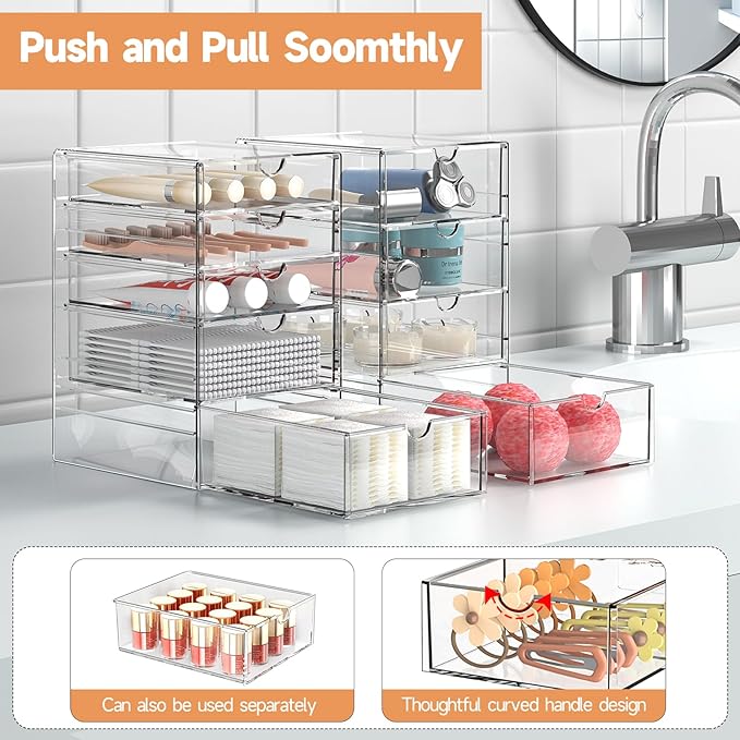 Makeup Drawer Storage Organizer with 20 Drawers, 4 Set Acrylic Office Desk Organization and Storage, Dustproof Drawer Organizer for Makeup, Office, Countertop, Jewelry, Pen, Desktop, Bathroom, Bedroom