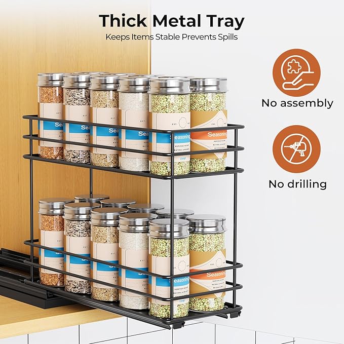 Pull Out Spice Rack Organizer for Cabinet, Slide Out Spice Racks, Easy to Install, 4.33" Wx10.43 Dx8.66 H, 1 Drawer 2 Tiers(Black)