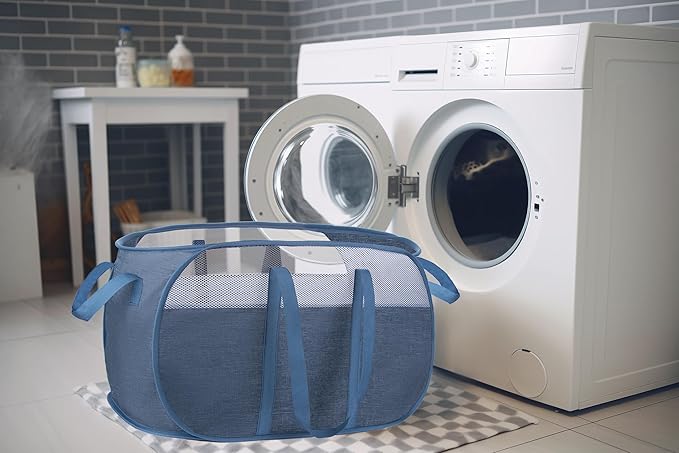 pop-up laundry basket，with Durable Handles collapsible Mesh laundry Hamper,Easy to Open and Fold,Premium Cationic Fabric… (Cationic blue+blue)