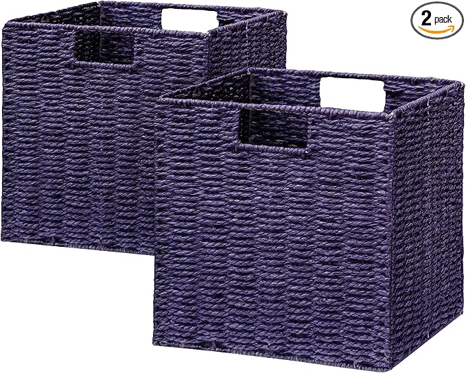 Vagusicc Wicker Storage Basket, Set of 2 Hand-Woven Paper Rope Wicker Basket, Foldable Cube Storage Bins, Square Large Storage Baskets for Organizing Shelves, Decor, Orange (13″×13″×13″)