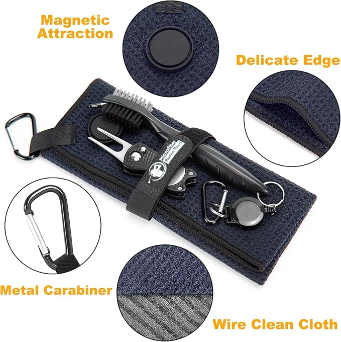 3 PCS Magnetic Golf Towels with Brush and Divot Tool, Microfiber Golf Towel with Wire Cleaning Cloth for Men, Industrial Strength Magnet for Strong Hold to Golf Bags, Carts or Clubs (3 Pack Gray)