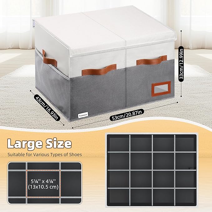 Shoe Organizer for Closet, Foldable Shoe Storage Bins with Lid & Adjustable Dividers, Fabric Shoe Box Storage Containers with Four Reinforced Handles, Fits 16 Pairs, 1 Pack, Grey