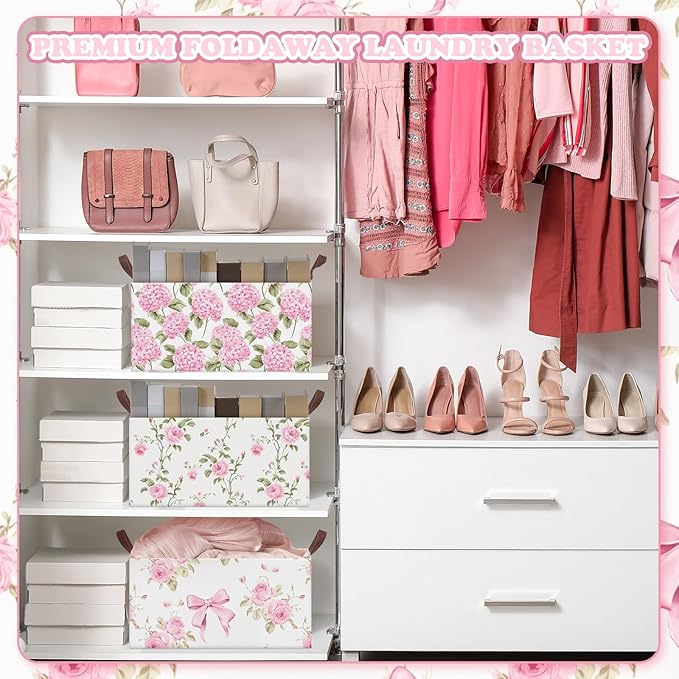 Boao 3 Pcs Pink Hydrangea Foldable Storage Baskets Pink Flower Laundry Basket with Handles Waterproof Storage Bins Fabric Shelf Baskets for Organizing Closet Clothes