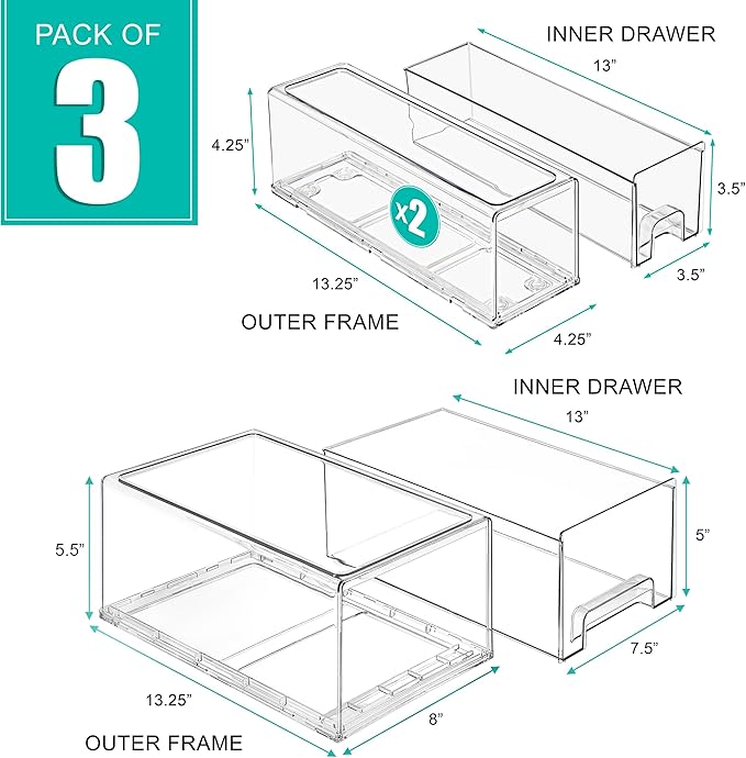 Sorbus Fridge Drawers - Clear Stackable Pull Out Refrigerator Organizer Bins - Food Storage Containers for Kitchen, Freezer, Vanity & Fridge (3 Pack | 1 Large, 2 Small Stackable Drawer Bins)