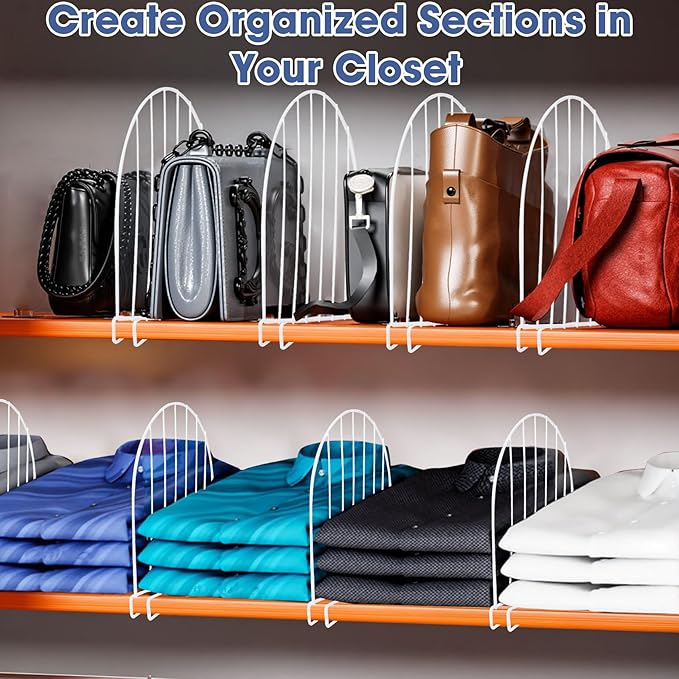 Closet Dividers, 8 Pack 12’’ Tall Shelf Dividers for Closet Organization, Metal Closet Organizer for Wood Shelves Separator for Purse Handbag Sweater Clothes Book Storage Wardrobe Kitchen Cabinet