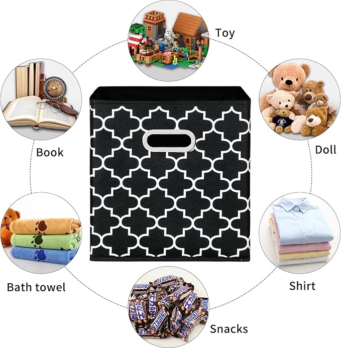 STOREONE Fabric Storage Bins Cubes Baskets Containers-(11X11X11) with Dual Metal Handles for Shelf Closet, Bedroom Drawers Organizers, Foldable Set of 3 (Black Light)