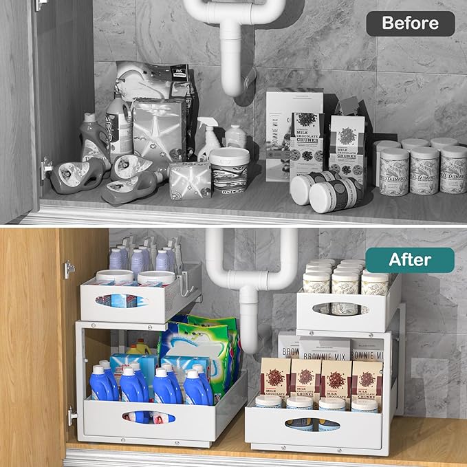 Housolution 1 Pack Large Under Sink Organizer, 2 Tier Metal Pull Out Under Sink Storage with Sliding Mesh Drawers, Height Adjustable Slide Out Under Cabinet Organizer for Kitchen Bathroom, White