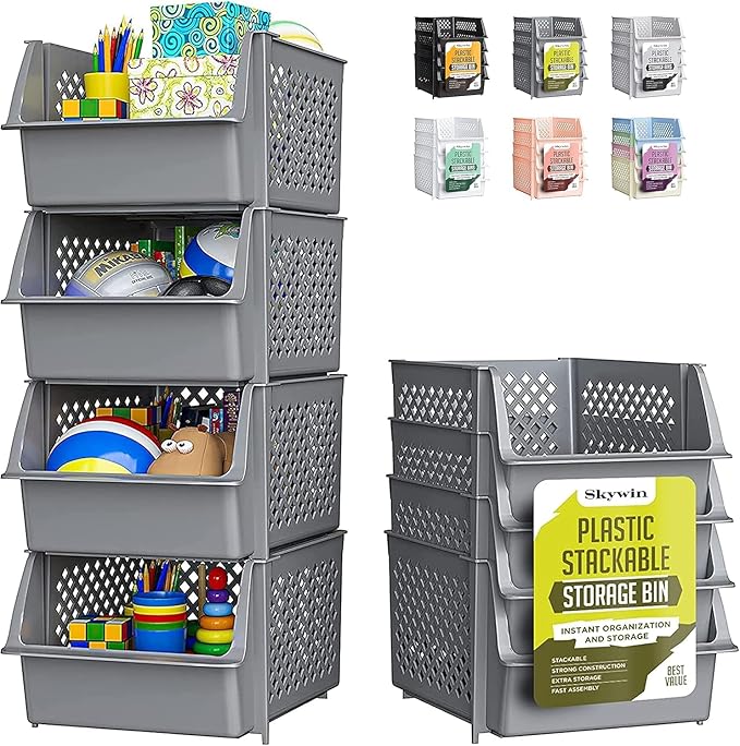TidyFriend 4 Pack Stackable Storage Bins Open Front for Pantry Organizers and Storage, Plastic Storage Bins for Garage Organization, Garage Storage Bins for Shelves, Racks, Tools & Supplies (Grey)