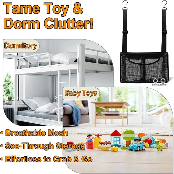 Momooda Black PVC Mesh Hanging Shower Caddy with 2 Magnetic Hooks, Adjustable Portable Bathroom Organizer with Pockets for Cruise, Dorm, Gym, Camping, RV, 12"x6"x7"(LxWxH)