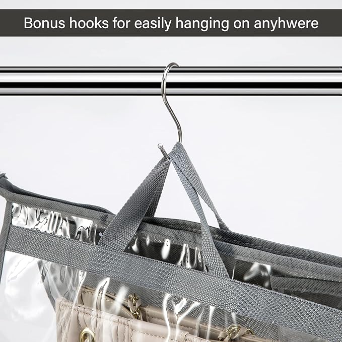 CINPIUK Handbag Dust Bags Clear Purse Storage Organizer for Closet Small to Extra Large Handbags Dust Free Bags Hanging Zipper Storage Bag with Hooks, ( Grey, 4 Sizes-8PCS)