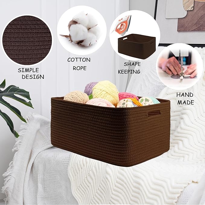 COMFY-HOMI 3 pcs Large Storage Baskets for Shelves, Laundry Basket, Woven Rope Basket, Closet Organizer Bins for Clothes Blanket Towels, Baby Nursery, Gift Toy Baskets, 17” x 13” x 7.5”-Dark Brown