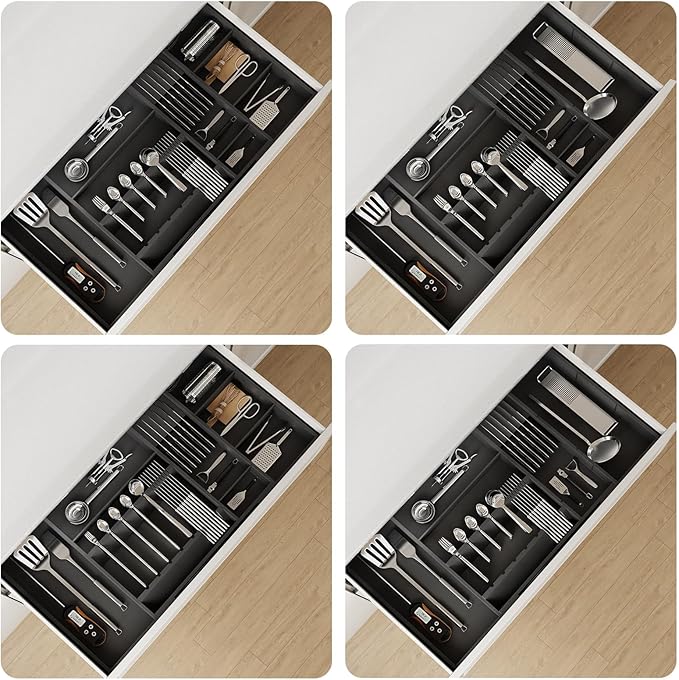 Bamboo Silverware Drawer Organizer, 17.7-29.5 Inch Expandable Large Kitchen Drawer Organizer, 5-8 Slot Flatware with Removable Card Slots & Knife Block for Spoon Butter Knive, Black