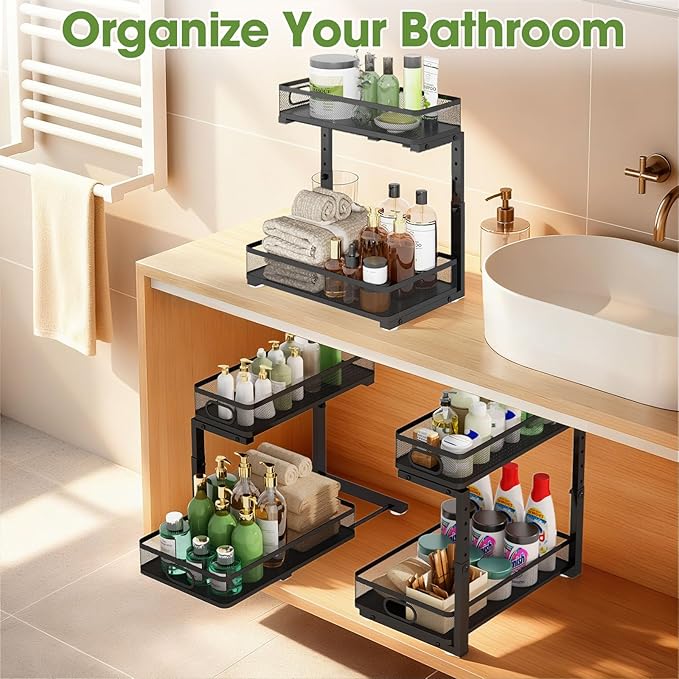 Under Sink Organizer 2-Pack, Metal 2-Tier Pull-Out Cabinet Shelf with Slide-Out Mesh Drawers, Height Adjustable, Space-Saving Under Sink Storage Racks for Kitchen, Bathroom, Laundry Room
