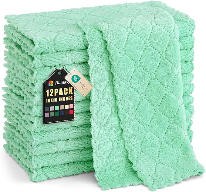 Homaxy 12 Pack Kitchen Dish Cloths (10 x 10 Inches, Green), Super Soft and Absorbent Coral Velvet Dish Towels, Nonstick Oil Fast Drying Microfiber Cleaning Cloth, No Lint Household Dishcloths