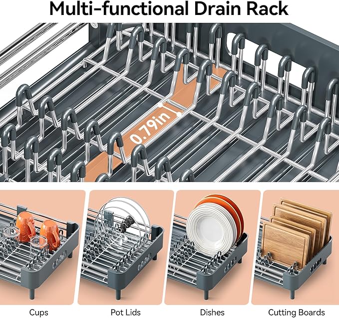 Stainless Steel Dish Drying Rack - Dish Drainer for Kitchen Counter, Extendable Drainboard with Foldable, Space-Saving Cup & Bowl Organizer, Includes Knife and Utensil Holder, Matte-Green