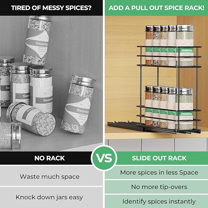 Pull Out Spice Rack Organizer for Cabinet, Slide Out Spice Racks, Easy to Install Spice Cabinet Organizer, 2.5" Wx10.43 Dx8.26 H, 1 Drawer 2 Tiers（Black）
