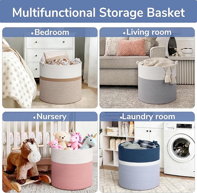 Goodpick 17"x16" Toy Storage for Kids, Home Décor Living Room, Baby Boy Gifts Basket for Nursery Playroom, Soft Woven Cotton Rope Basket for Blankets Pillows Clothes, Blue
