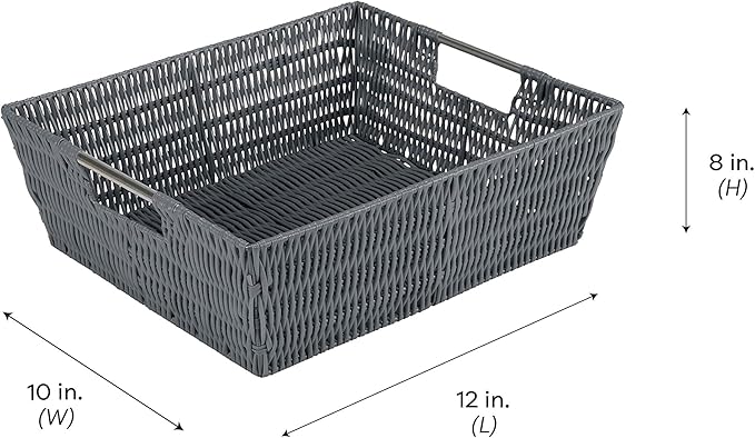 Simplify 15"x13"x5" Shelf Storage Woven Handles, Nursery, Playroom, Toys, Bedroom, Closet, Clothes, Office, Decorative Organizer Basket Rattan Totes, Large, Charcoal