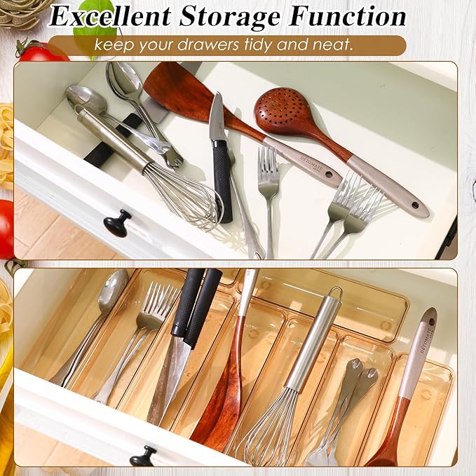 Maitys 12 Pcs Clear Drawer Organizer 9 x 3 x 2 Inches Plastic Rectangle Trays Makeup Vanity Storage Bins and Kitchen Drawers Dividers for Office Desk Silverware Kitchen Utensils(Champagne)