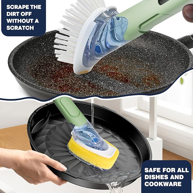 Dish Brush with Soap Dispenser Storage Set with 2 PCS Brush Refills & Holder, Dish Scrubber with Soap Dispenser, Dish Soap Brush, Dish Wand with Soap Dispenser for Dishes, Pans, Sink, Pots(Green)
