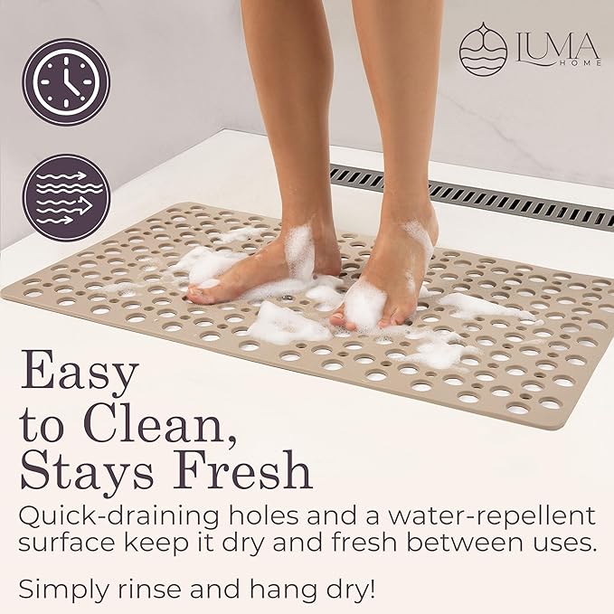 LUMA HOME Non Slip Bathtub Mat and Shower Mat Beige TPE Strong Suction Cups Aesthetic Bath Mat for Inside Shower with Soft Texture, Quick-Dry Drain Holes, Spa-Inspired Design 30x17” (75x43 cm) (2)