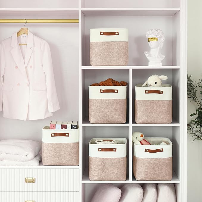 4-Pack Foldable Fabric Storage Cubes 11x11 Inch, Sturdy Cube Organizer Bins with Leather Handles, Storage Baskets for Closet Shelves and Home Organization(White/Pink)